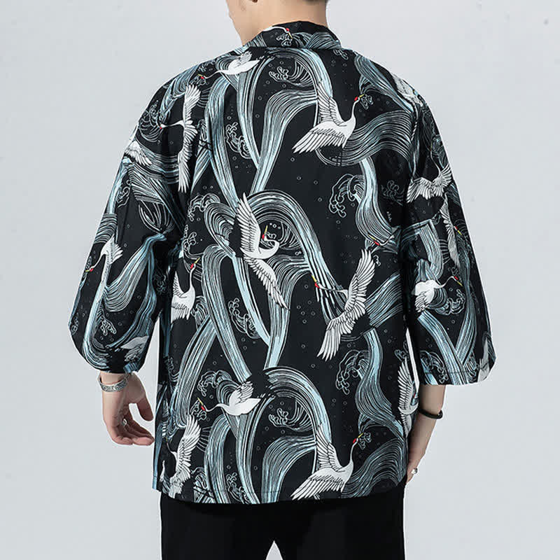 Buddha Stones Kimonos d'été décontractés vintage à devant ouvert pour hommes, imprimé de vagues et de grues - image 2