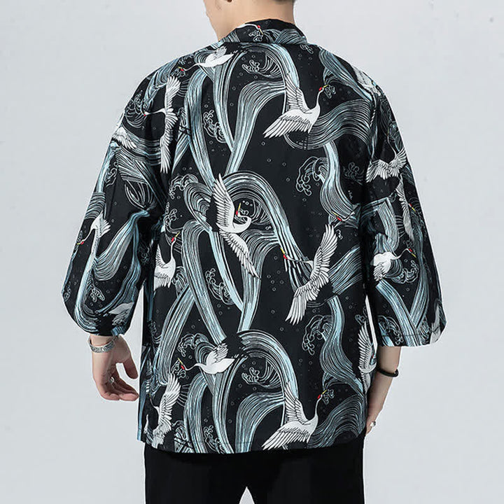 Buddha Stones Kimonos d'été décontractés vintage à devant ouvert pour hommes, imprimé de vagues et de grues - image 2