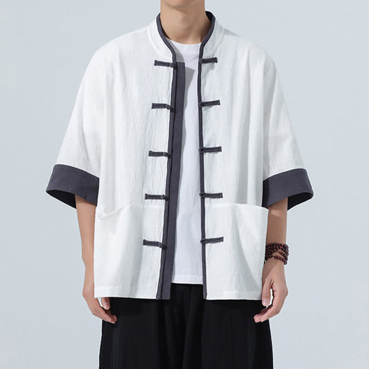 Buddha Stones Chemise d'été décontractée à manches courtes pour homme, style Tang, en coton uni, avec poches et boutons grenouille. - image 25