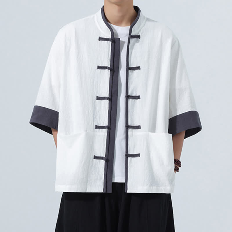 Buddha Stones Chemise d'été décontractée à manches courtes pour homme, style Tang, en coton uni, avec poches et boutons grenouille. - Blanc - US/UK/AU46, EU56 (5XL) - image 23