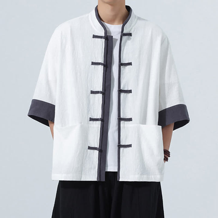 Buddha Stones Chemise d'été décontractée à manches courtes pour homme, style Tang, en coton uni, avec poches et boutons grenouille. - Blanc - US/UK/AU46, EU56 (5XL) - image 23
