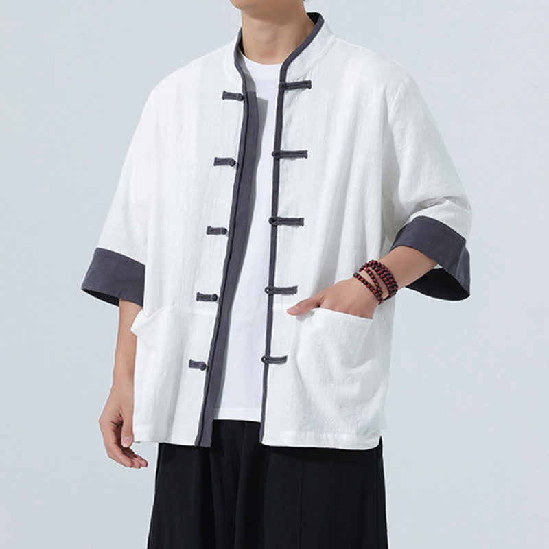 Buddha Stones Chemise d'été décontractée à manches courtes pour homme, style Tang, en coton uni, avec poches et boutons grenouille. - image 27