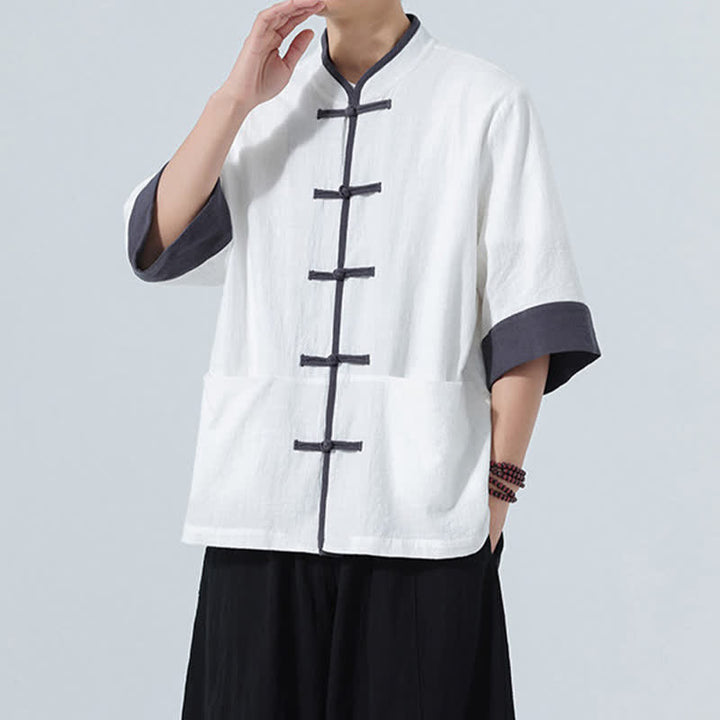 Buddha Stones Chemise d'été décontractée à manches courtes pour homme, style Tang, en coton uni, avec poches et boutons grenouille. - image 26