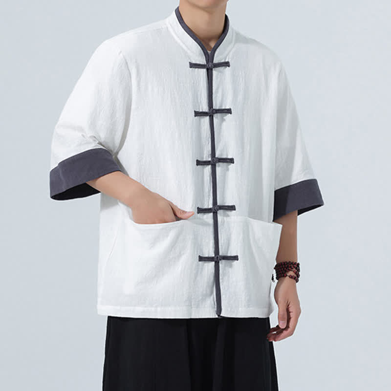 Buddha Stones Chemise d'été décontractée à manches courtes pour homme, style Tang, en coton uni, avec poches et boutons grenouille. - image 28