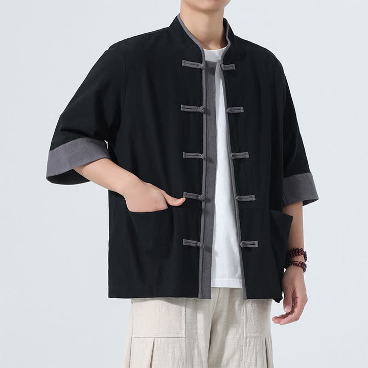 Buddha Stones Chemise d'été décontractée à manches courtes pour homme, style Tang, en coton uni, avec poches et boutons grenouille. - image 20