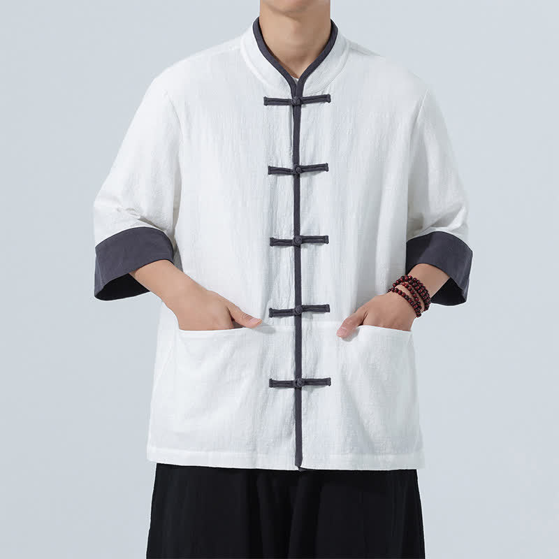 Buddha Stones Chemise d'été décontractée à manches courtes pour homme, style Tang, en coton uni, avec poches et boutons grenouille. - image 24