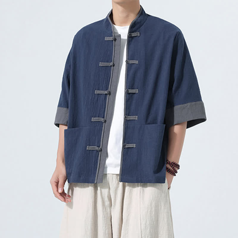 Buddha Stones Chemise d'été décontractée à manches courtes pour homme, style Tang, en coton uni, avec poches et boutons grenouille. - image 3