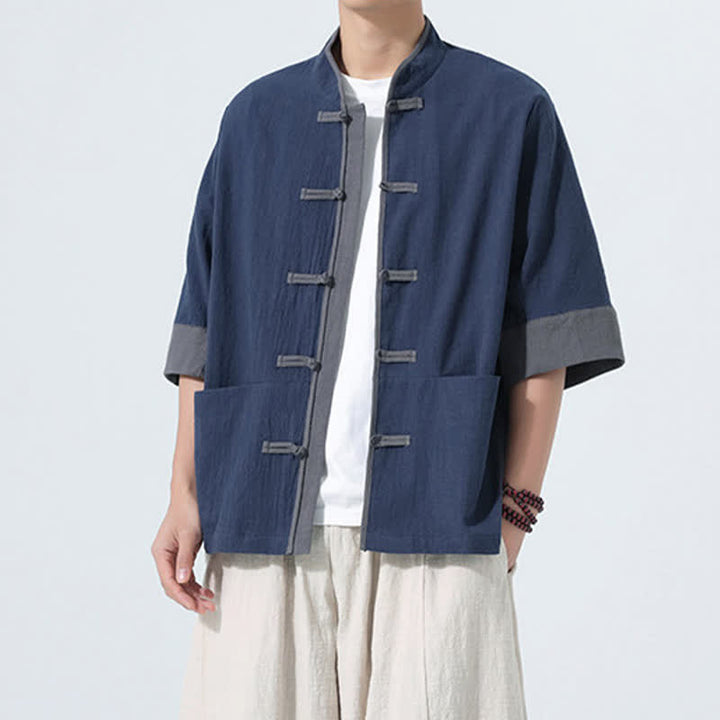 Buddha Stones Chemise d'été décontractée à manches courtes pour homme, style Tang, en coton uni, avec poches et boutons grenouille. - image 3