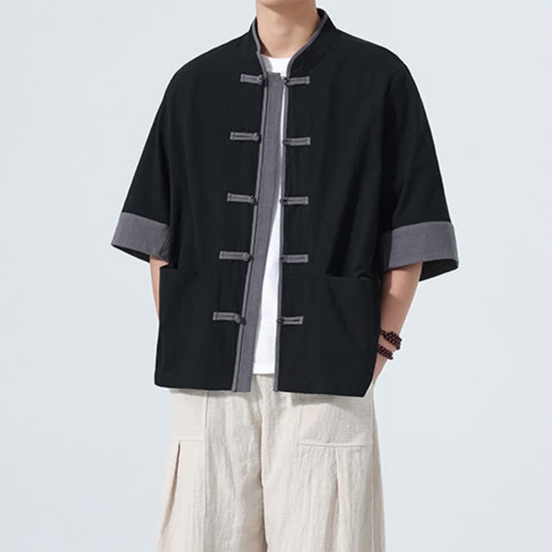 Buddha Stones Chemise d'été décontractée à manches courtes pour homme, style Tang, en coton uni, avec poches et boutons grenouille. - image 17