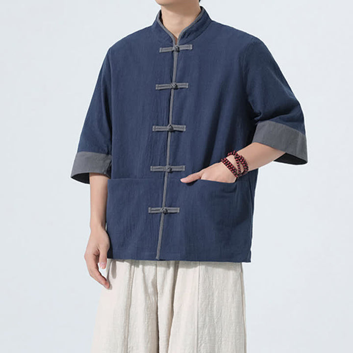 Buddha Stones Chemise d'été décontractée à manches courtes pour homme, style Tang, en coton uni, avec poches et boutons grenouille. - image 2