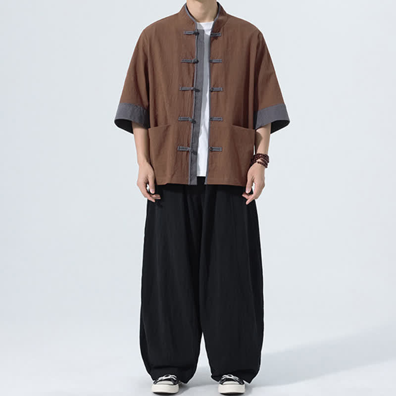 Buddha Stones Chemise d'été décontractée à manches courtes pour homme, style Tang, en coton uni, avec poches et boutons grenouille. - image 14
