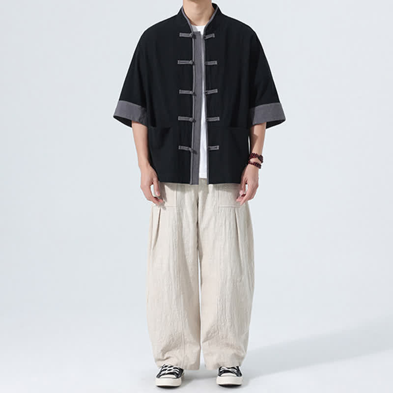 Buddha Stones Chemise d'été décontractée à manches courtes pour homme, style Tang, en coton uni, avec poches et boutons grenouille. - image 22