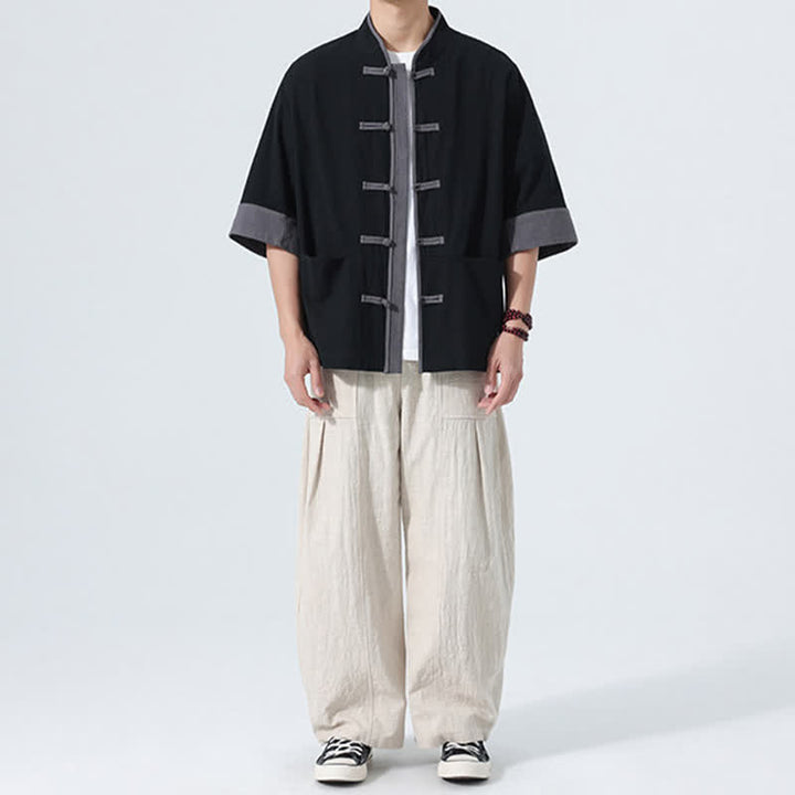Buddha Stones Chemise d'été décontractée à manches courtes pour homme, style Tang, en coton uni, avec poches et boutons grenouille. - image 22