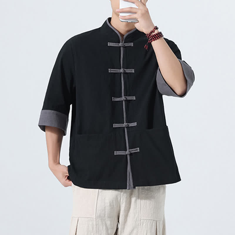 Buddha Stones Chemise d'été décontractée à manches courtes pour homme, style Tang, en coton uni, avec poches et boutons grenouille. - image 21