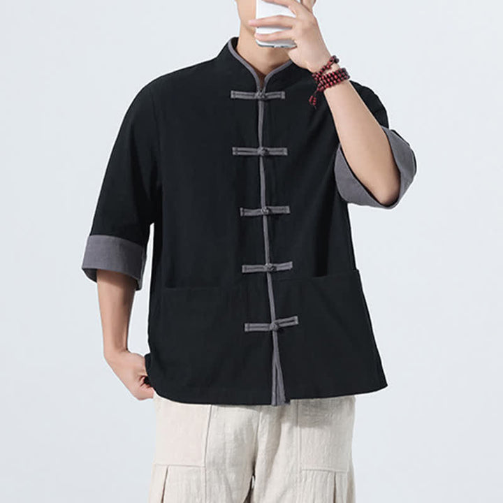 Buddha Stones Chemise d'été décontractée à manches courtes pour homme, style Tang, en coton uni, avec poches et boutons grenouille. - image 21