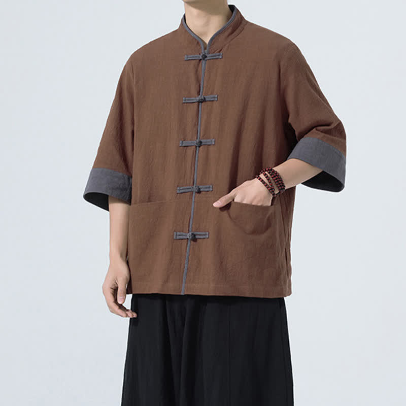 Buddha Stones Chemise d'été décontractée à manches courtes pour homme, style Tang, en coton uni, avec poches et boutons grenouille. - image 10