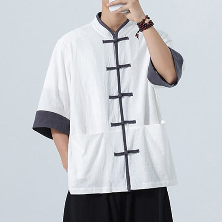 Buddha Stones Chemise d'été décontractée à manches courtes pour homme, style Tang, en coton uni, avec poches et boutons grenouille. - image 29