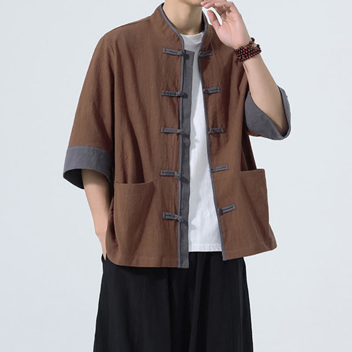 Buddha Stones Chemise d'été décontractée à manches courtes pour homme, style Tang, en coton uni, avec poches et boutons grenouille. - image 13