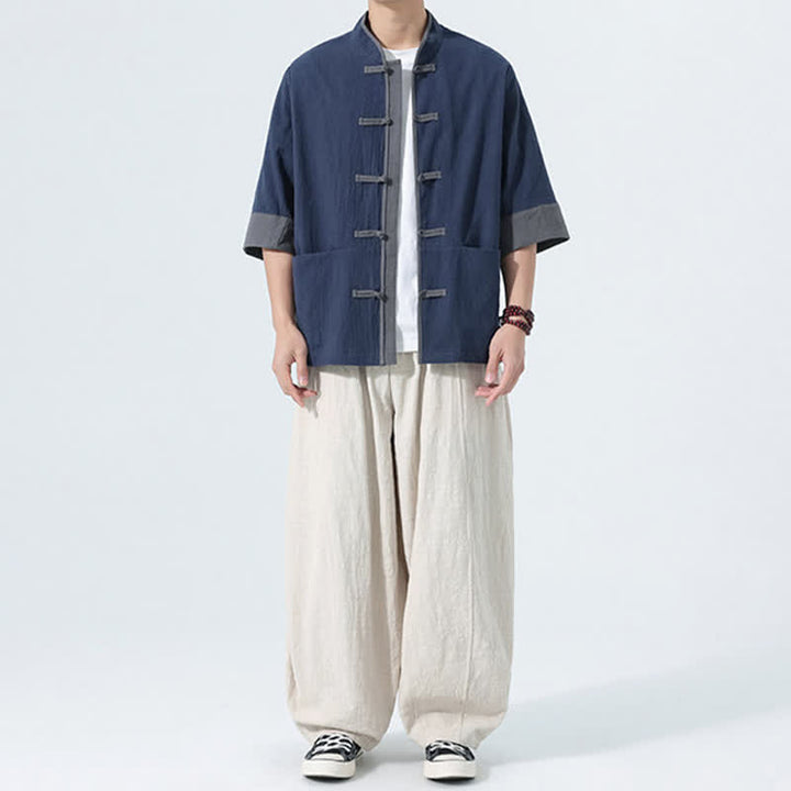 Buddha Stones Chemise d'été décontractée à manches courtes pour homme, style Tang, en coton uni, avec poches et boutons grenouille. - image 7