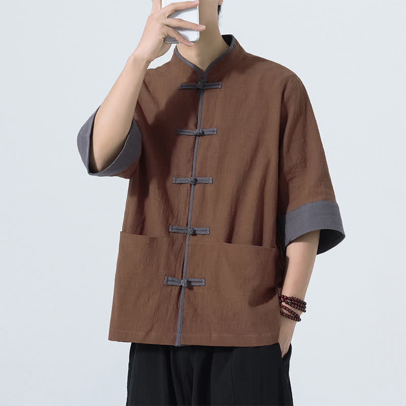 Buddha Stones Chemise d'été décontractée à manches courtes pour homme, style Tang, en coton uni, avec poches et boutons grenouille. - image 9