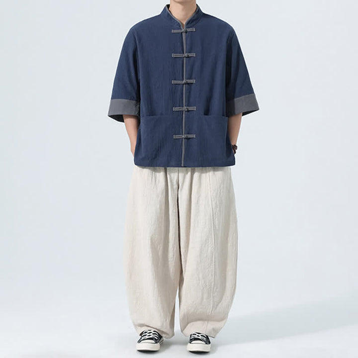 Buddha Stones Chemise d'été décontractée à manches courtes pour homme, style Tang, en coton uni, avec poches et boutons grenouille. - image 6