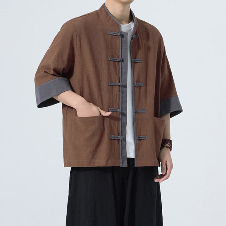 Buddha Stones Chemise d'été décontractée à manches courtes pour homme, style Tang, en coton uni, avec poches et boutons grenouille. - image 12
