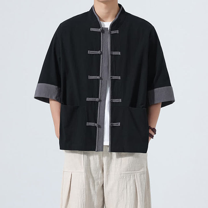 Buddha Stones Chemise d'été décontractée à manches courtes pour homme, style Tang, en coton uni, avec poches et boutons grenouille. - Noir - US/UK/AU46, EU56 (5XL) - image 16