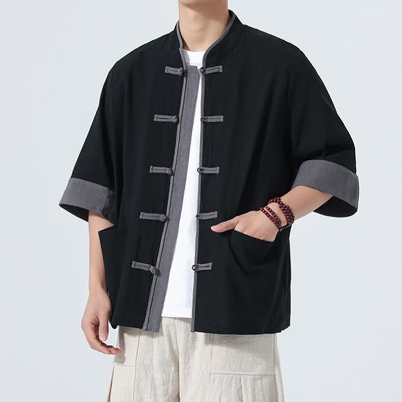 Buddha Stones Chemise d'été décontractée à manches courtes pour homme, style Tang, en coton uni, avec poches et boutons grenouille. - image 18