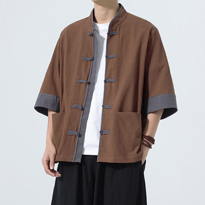 Buddha Stones Chemise d'été décontractée à manches courtes pour homme, style Tang, en coton uni, avec poches et boutons grenouille. - image 11