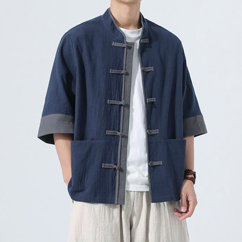 Buddha Stones Chemise d'été décontractée à manches courtes pour homme, style Tang, en coton uni, avec poches et boutons grenouille. - image 5