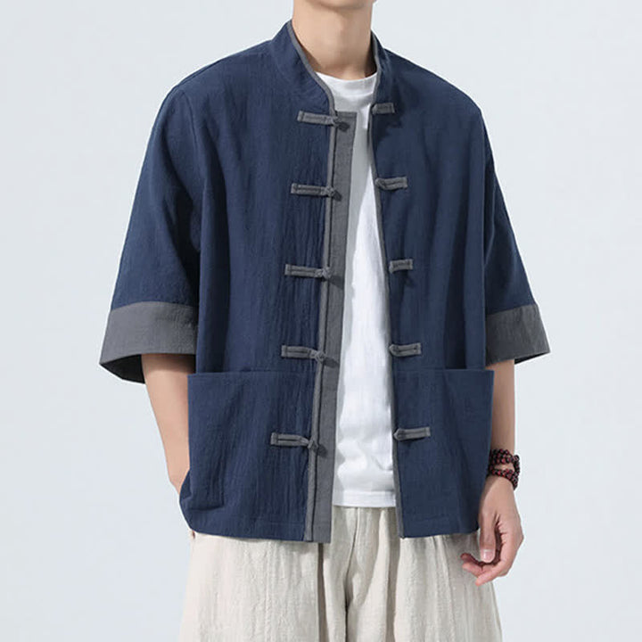 Buddha Stones Chemise d'été décontractée à manches courtes pour homme, style Tang, en coton uni, avec poches et boutons grenouille. - image 5