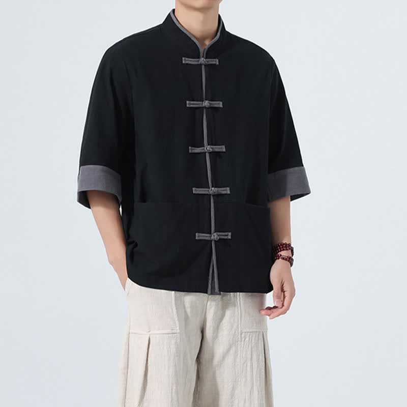 Buddha Stones Chemise d'été décontractée à manches courtes pour homme, style Tang, en coton uni, avec poches et boutons grenouille. - image 19