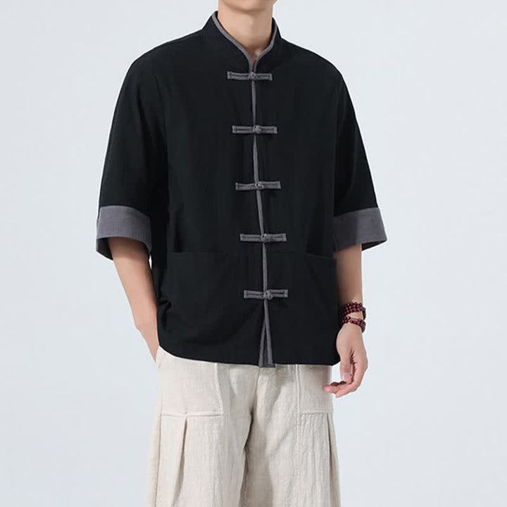 Buddha Stones Chemise d'été décontractée à manches courtes pour homme, style Tang, en coton uni, avec poches et boutons grenouille. - image 19