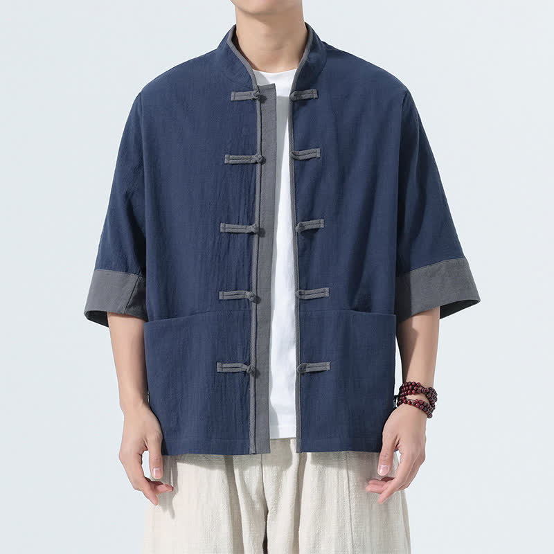 Buddha Stones Chemise d'été décontractée à manches courtes pour homme, style Tang, en coton uni, avec poches et boutons grenouille. - Marine - US/UK/AU46, EU56 (5XL) - image 0