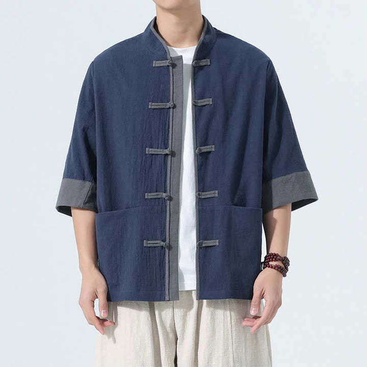 Buddha Stones Chemise d'été décontractée à manches courtes pour homme, style Tang, en coton uni, avec poches et boutons grenouille. - Marine - US/UK/AU46, EU56 (5XL) - image 0