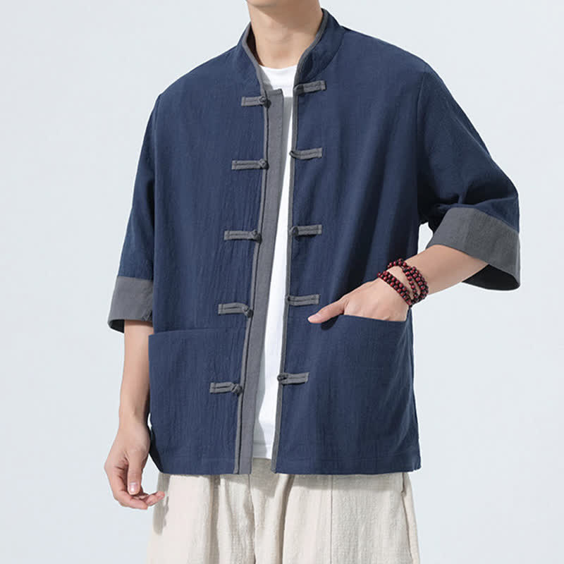 Buddha Stones Chemise d'été décontractée à manches courtes pour homme, style Tang, en coton uni, avec poches et boutons grenouille. - image 4