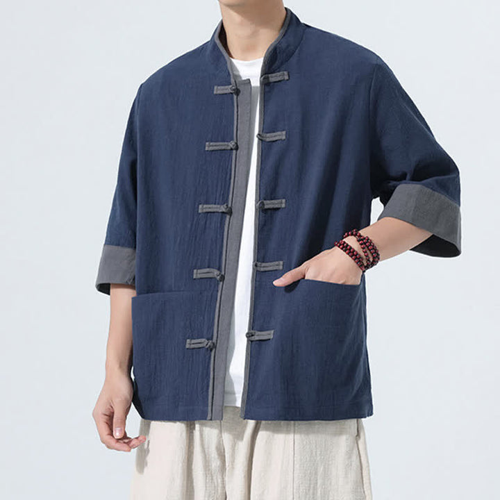 Buddha Stones Chemise d'été décontractée à manches courtes pour homme, style Tang, en coton uni, avec poches et boutons grenouille. - image 4