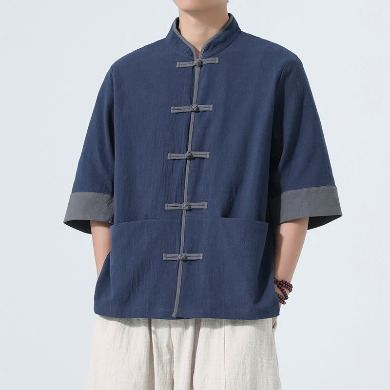 Buddha Stones Chemise d'été décontractée à manches courtes pour homme, style Tang, en coton uni, avec poches et boutons grenouille. - image 1
