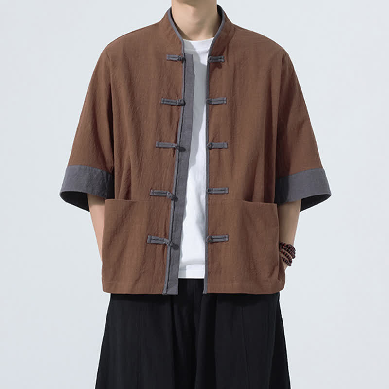 Buddha Stones Chemise d'été décontractée à manches courtes pour homme, style Tang, en coton uni, avec poches et boutons grenouille. - Terre de sienne - US/UK/AU46, EU56 (5XL) - image 8