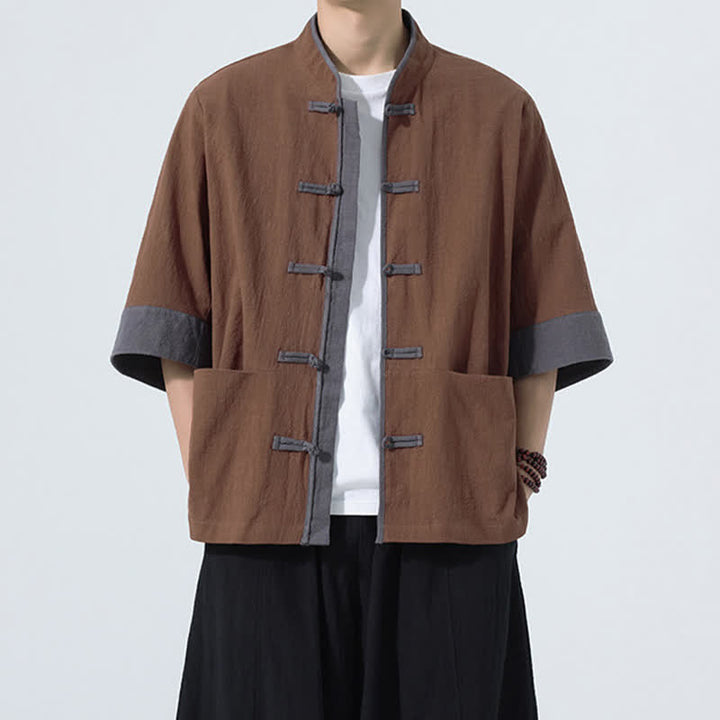 Buddha Stones Chemise d'été décontractée à manches courtes pour homme, style Tang, en coton uni, avec poches et boutons grenouille. - Terre de sienne - US/UK/AU46, EU56 (5XL) - image 8