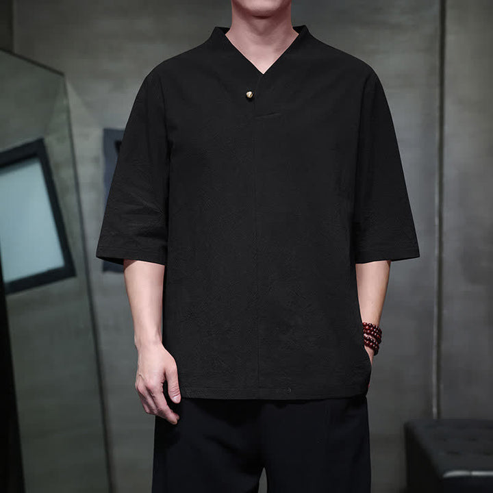 Buddha Stones Chemises d'été décontractées pour hommes, style Tang, col mandarin, manches courtes, unies - Noir - US/UK/AU46, EU56 (5XL) - image 13