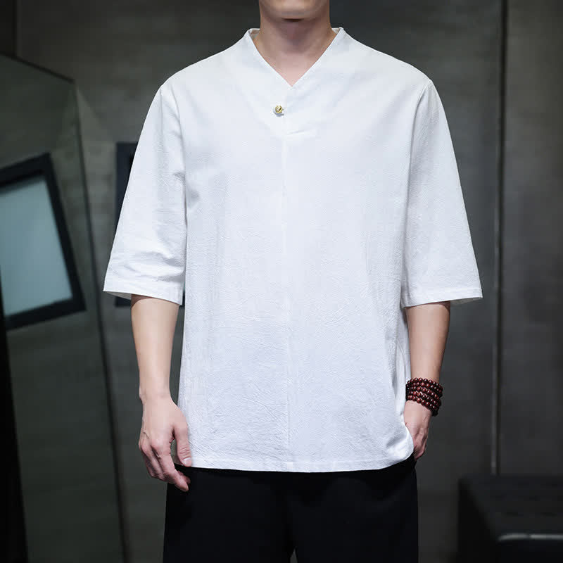 Buddha Stones Chemises d'été décontractées pour hommes, style Tang, col mandarin, manches courtes, unies - Blanc - US/UK/AU46, EU56 (5XL) - image 18