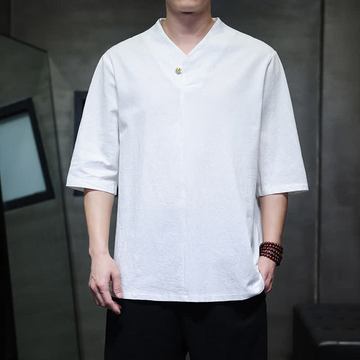 Buddha Stones Chemises d'été décontractées pour hommes, style Tang, col mandarin, manches courtes, unies - Blanc - US/UK/AU46, EU56 (5XL) - image 18