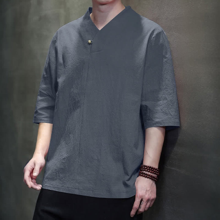 Buddha Stones Chemises d'été décontractées pour hommes, style Tang, col mandarin, manches courtes, unies - image 4