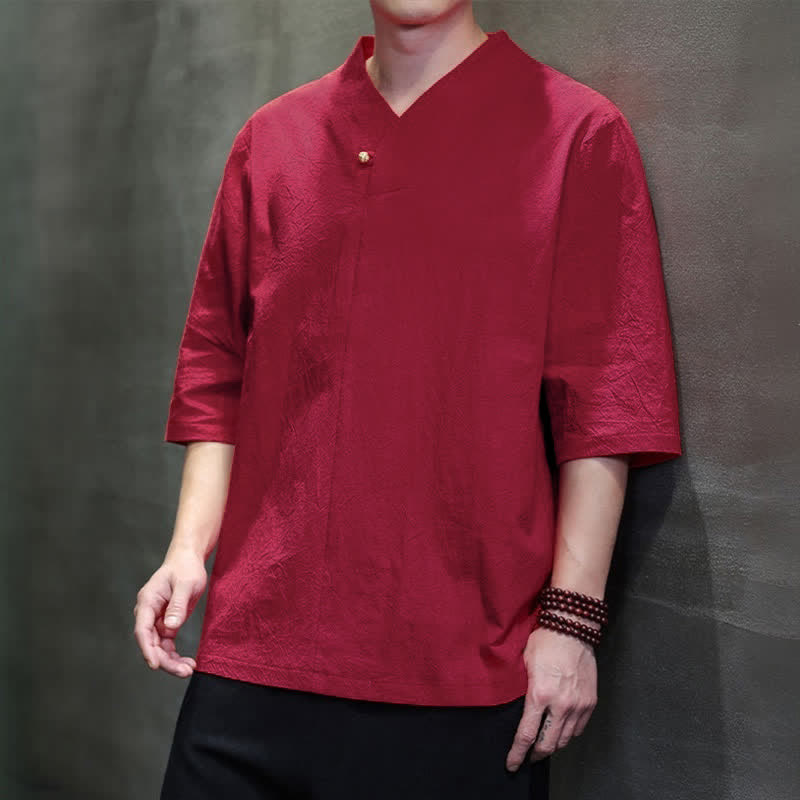 Buddha Stones Chemises d'été décontractées pour hommes, style Tang, col mandarin, manches courtes, unies - image 9