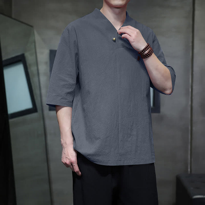 Buddha Stones Chemises d'été décontractées pour hommes, style Tang, col mandarin, manches courtes, unies - Gris ardoise - US/UK/AU46, EU56 (5XL) - image 0
