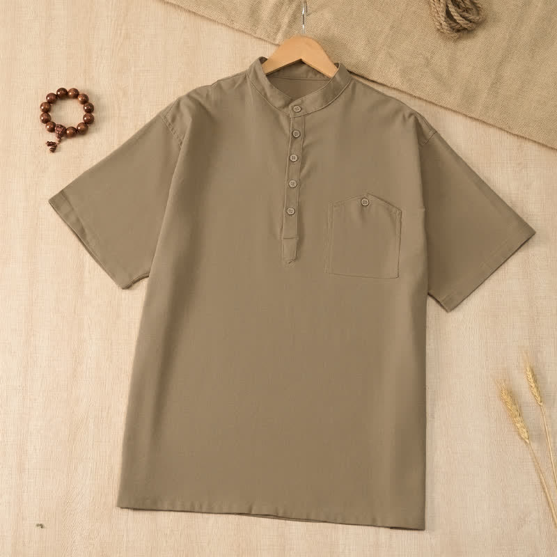 Buddha Stones Chemises d'été décontractées pour hommes, style Tang, col mandarin, manches courtes, unies, avec poche - Tanné - US/UK/AU42, EU52 (3XL) - image 0