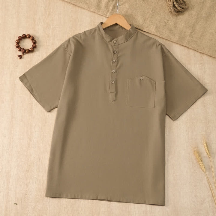 Buddha Stones Chemises d'été décontractées pour hommes, style Tang, col mandarin, manches courtes, unies, avec poche - Tanné - US/UK/AU42, EU52 (3XL) - image 0