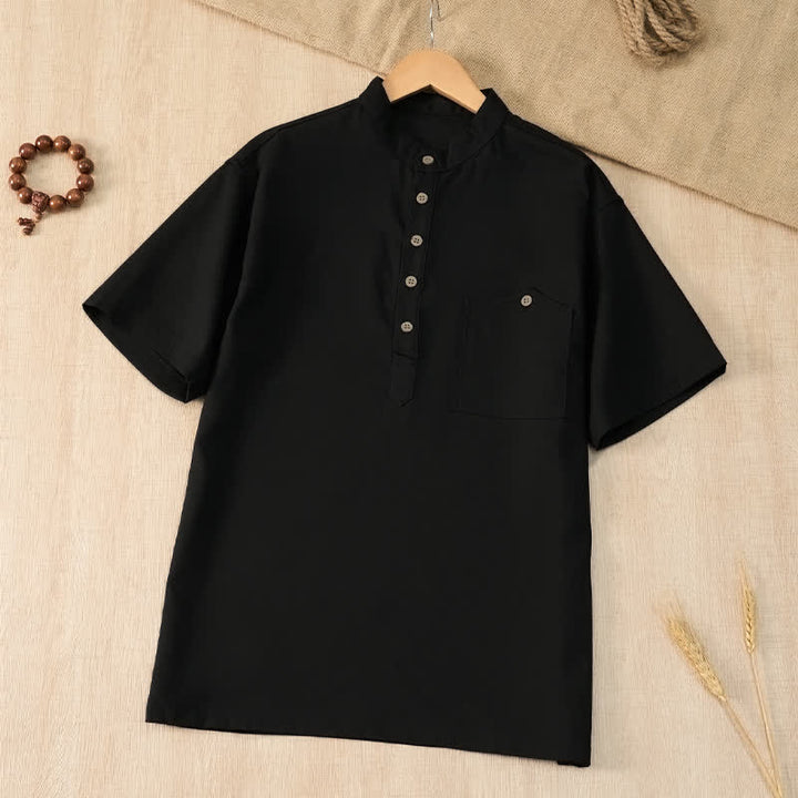 Buddha Stones Chemises d'été décontractées pour hommes, style Tang, col mandarin, manches courtes, unies, avec poche - Noir - US/UK/AU42, EU52 (3XL) - image 10