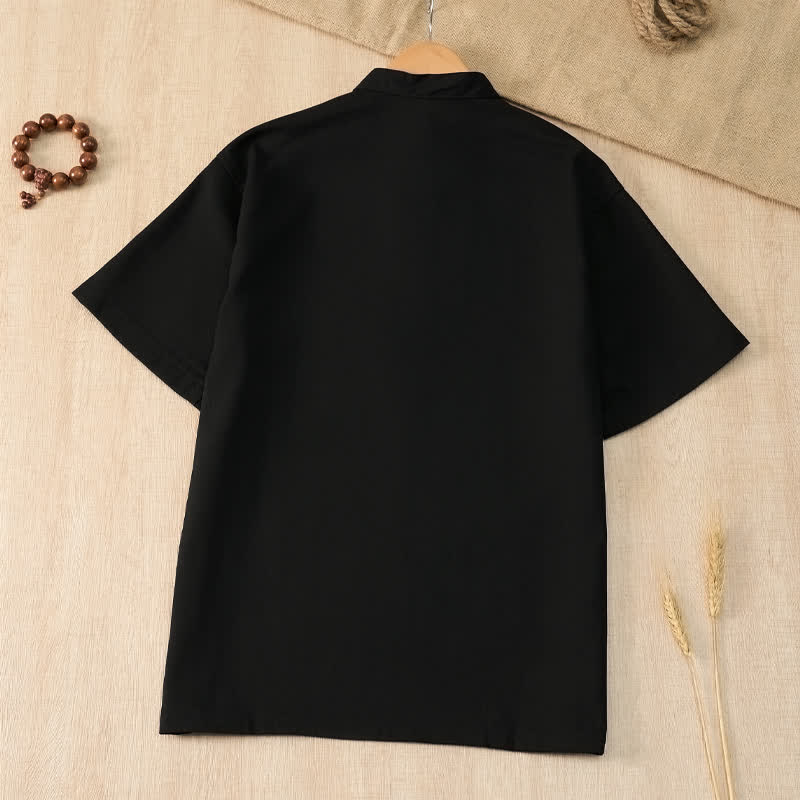 Buddha Stones Chemises d'été décontractées pour hommes, style Tang, col mandarin, manches courtes, unies, avec poche - image 11